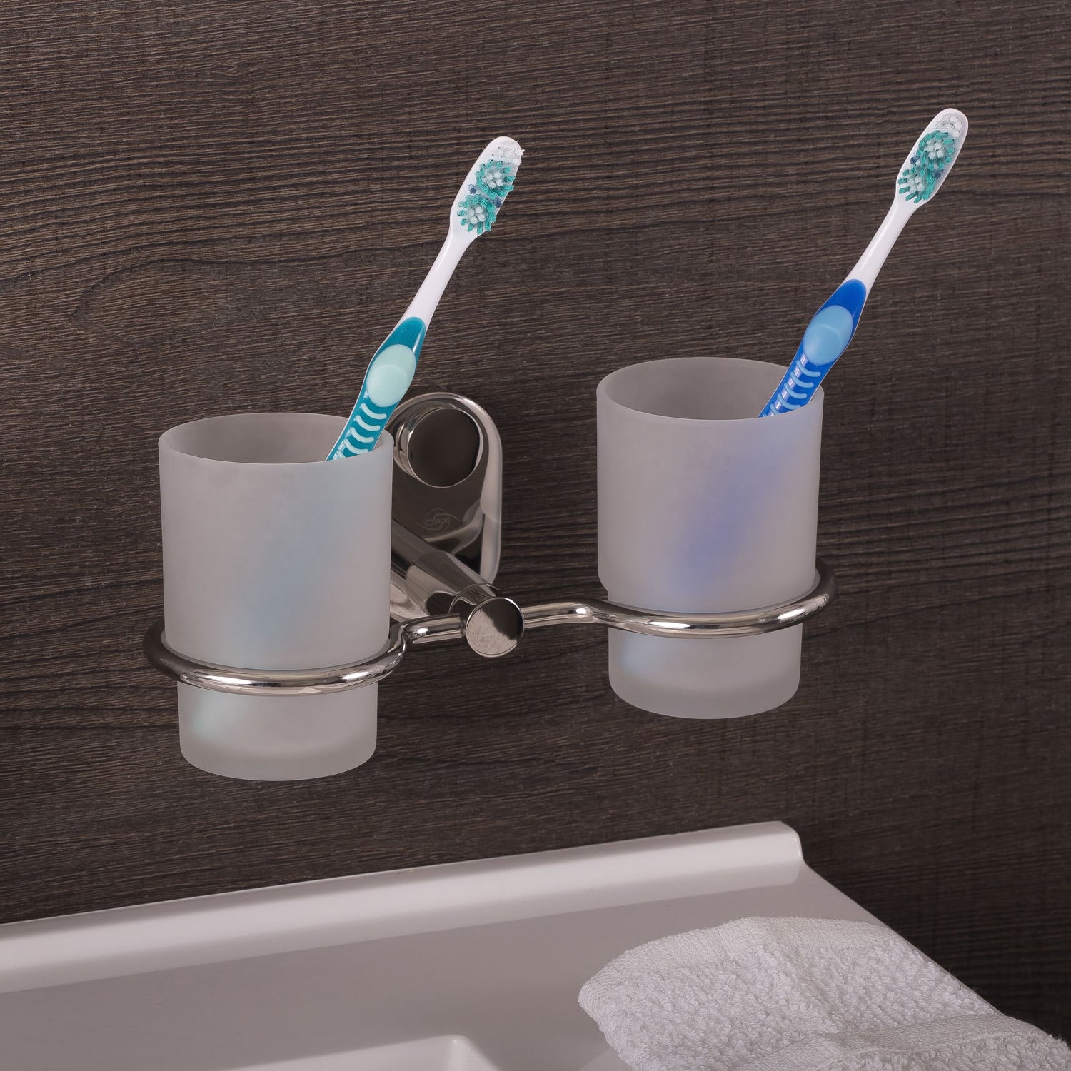 DAX - Soporte para cepillo de dientes de doble vaso para baño, acero inoxidable con vaso de vidrio, acabado pulido, 8-1/4 x 3-3/4 x 4-1/8 pulgadas (DAX-G0214-P)