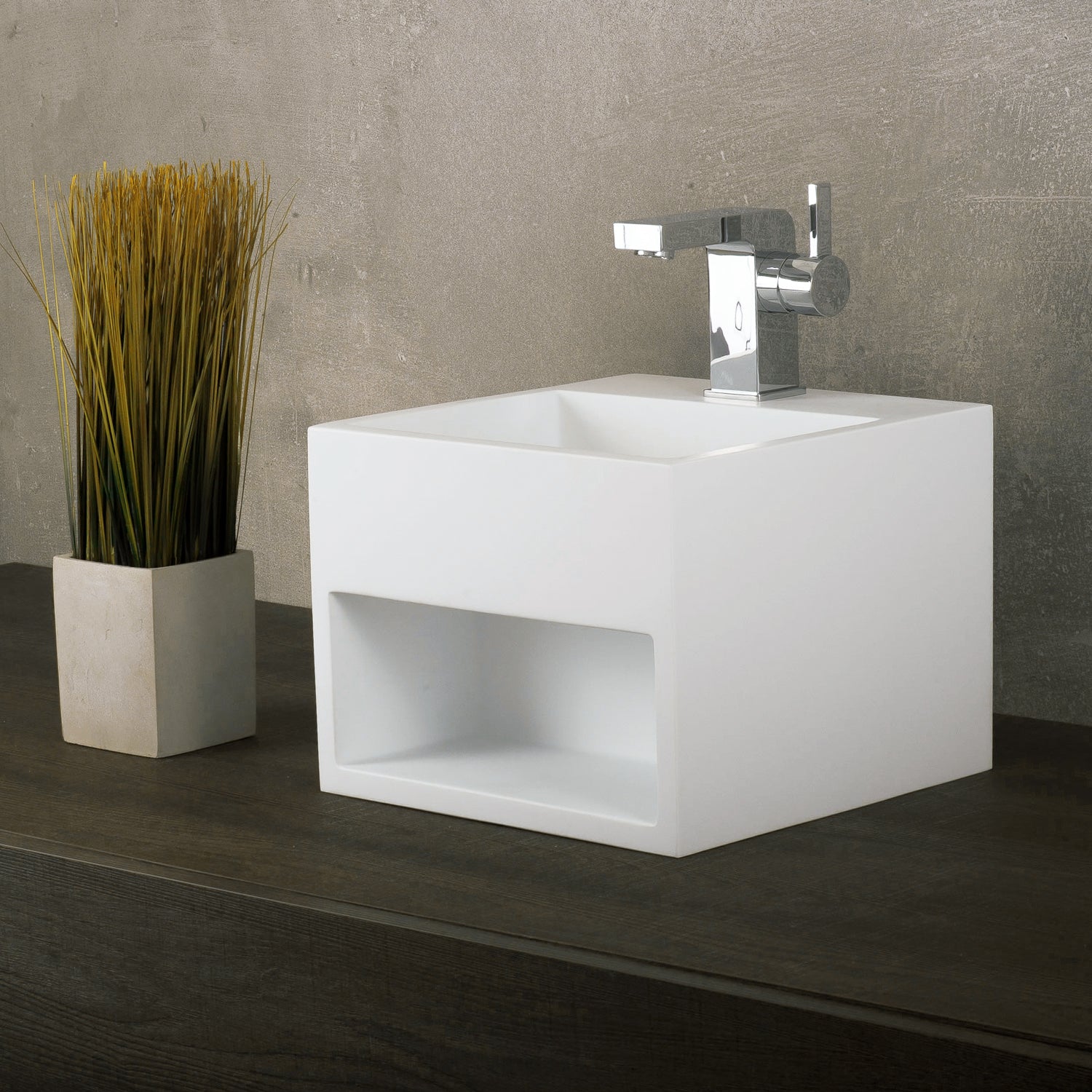 DAX Solid Surface Square Single Bowl Bathroom Sink Cabinet, White Matte Finish,  12-4/5 x 12-4/5 x 9-7/8 Inches (DAX-AB-1360)