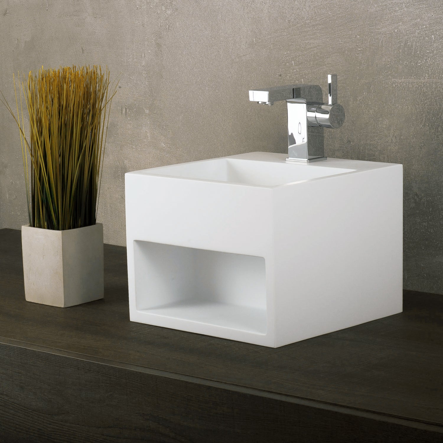 DAX Gabinete para lavabo de baño cuadrado de superficie sólida de un solo tazón, acabado blanco mate, 12-4/5 x 12-4/5 x 9-7/8 pulgadas (DAX-AB-1360)