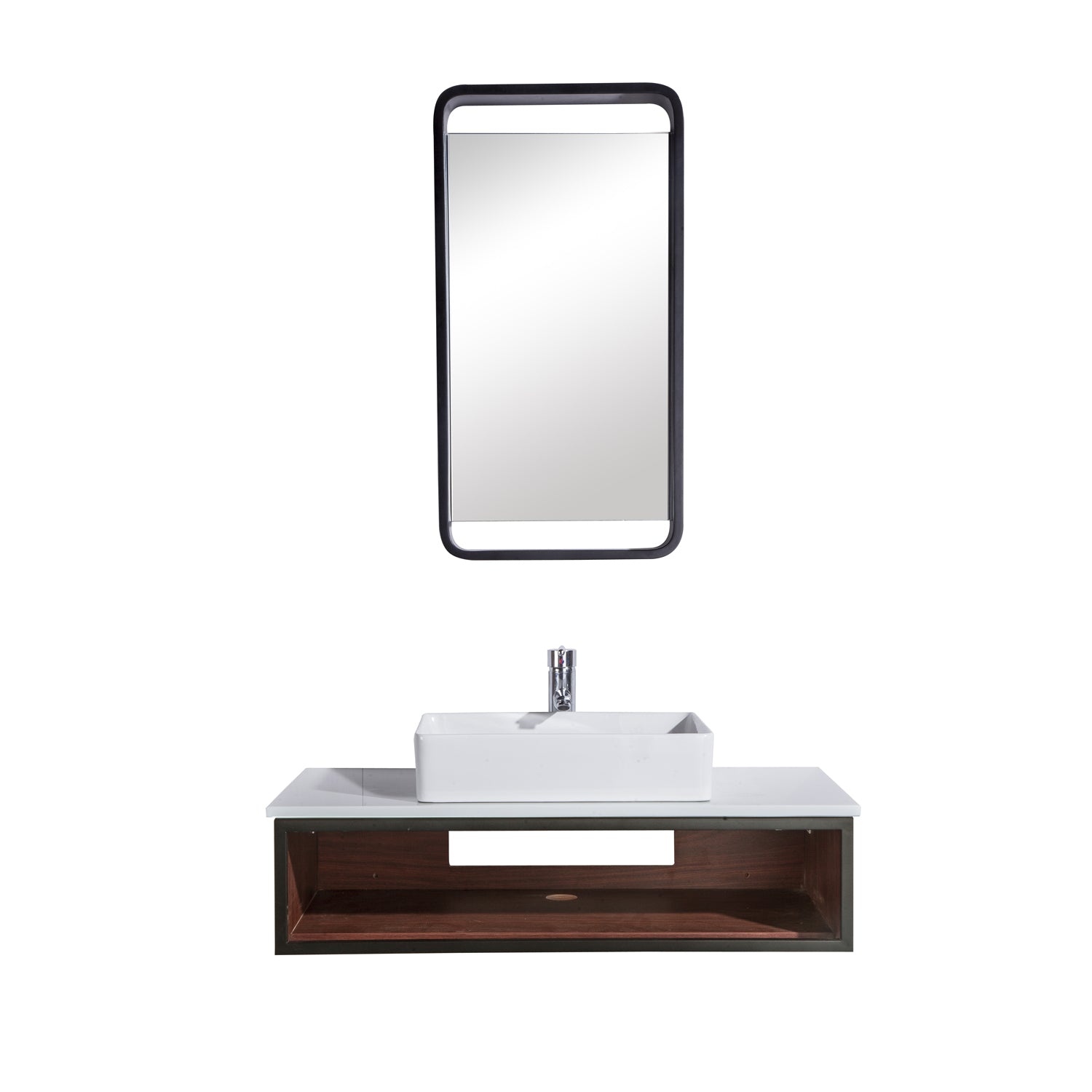 36" Single Vanity Cabinet Set, Wall Mount, Mirror and White Ceramic Vessel Sink with Gloss White Glass Countertop and Shelf, Black Walnut Finish, Citta Collection by DAX