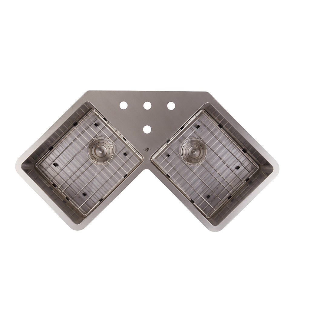DAX Handmade Corner Kitchen Sink, 16 Gauge, Brushed Stainless Steel Finish, 44-3/8 x 23-1/2 x 10 Inches (DAX-334)