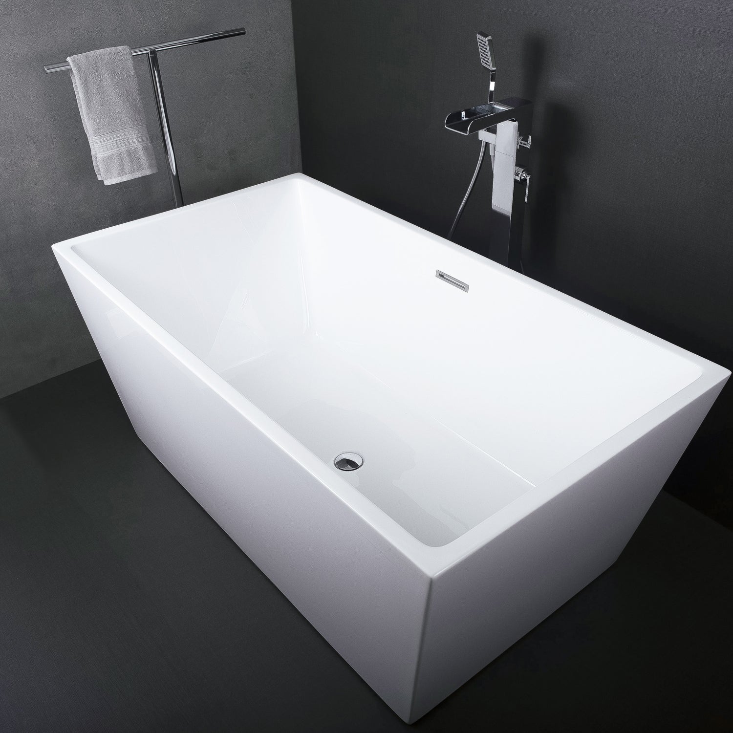 DAX Square Freestanding High Gloss Acrylic Bathtub with Central Drain and Overflow, Stainless Steel Frame, 59-1/16 x 23-5/8 x 31-1/2 Inches (BT-8013)
