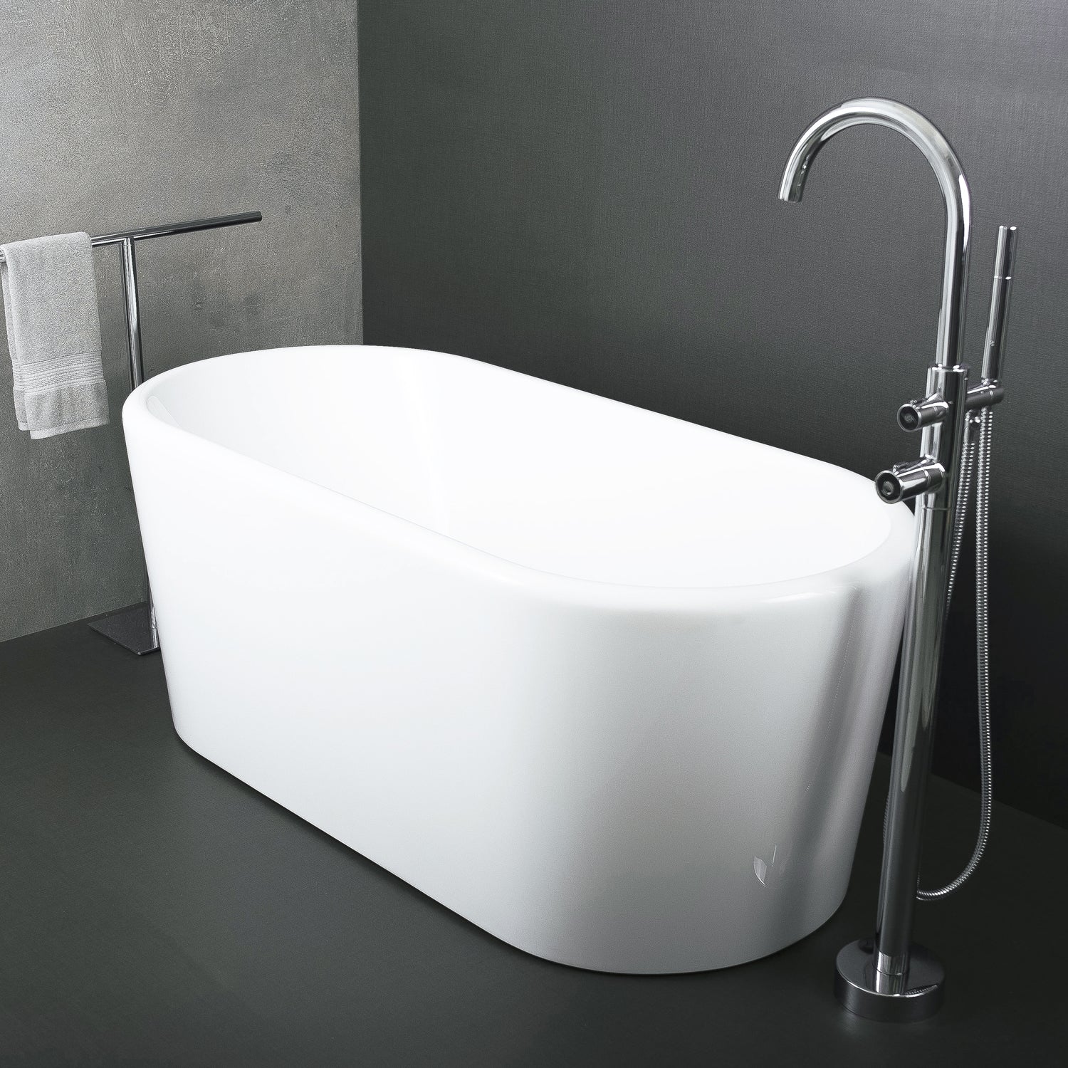 DAX Oval Freestanding High Gloss Acrylic Bathtub with Central Drain and Overflow, Stainless Steel Frame, 59-1/16 x 22-13/16 x 27-9/16 Inches (BT-8062)
