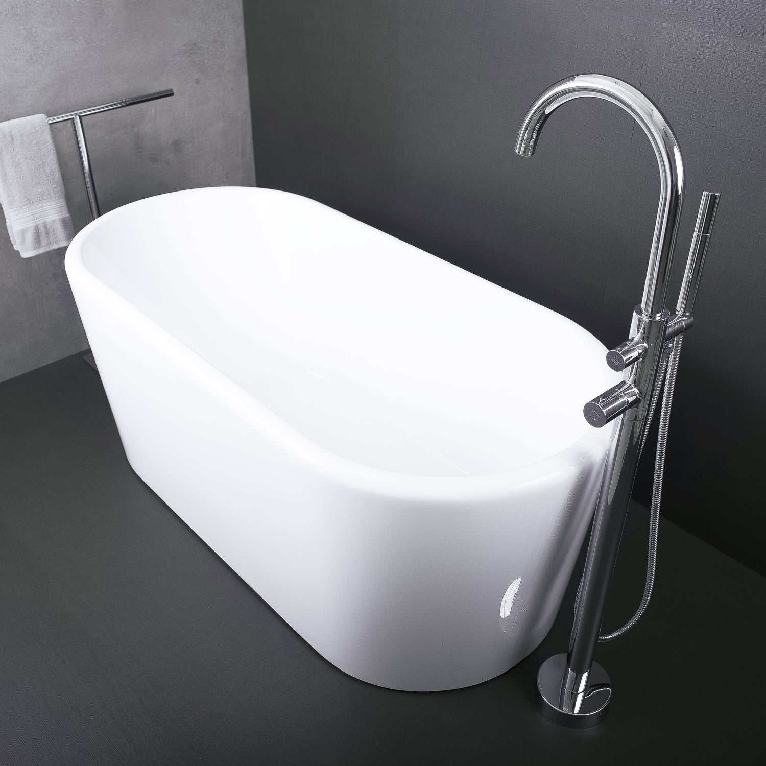 DAX Oval Freestanding High Gloss Acrylic Bathtub with Central Drain and Overflow, Stainless Steel Frame, 59-1/16 x 22-13/16 x 27-9/16 Inches (BT-8062)
