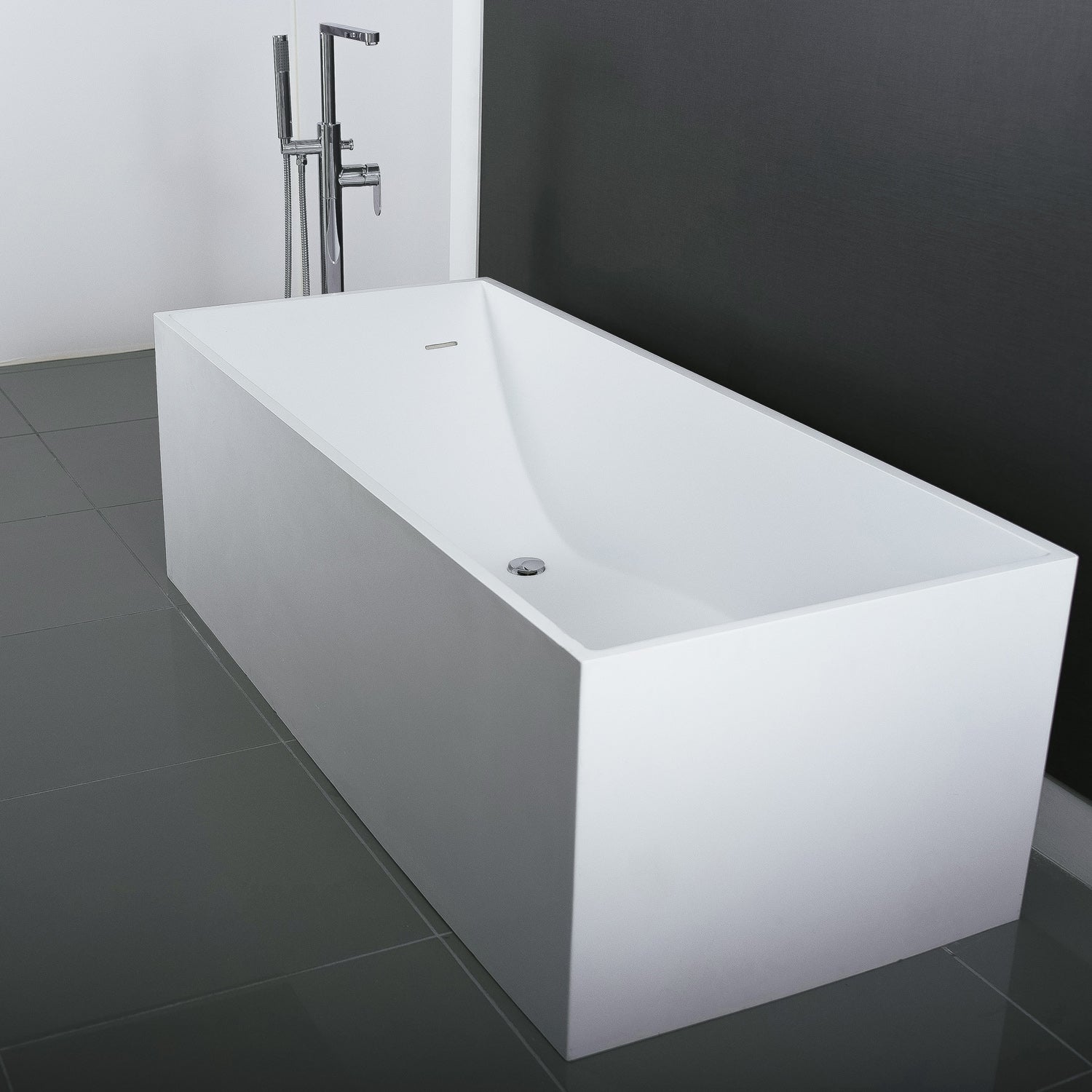 DAX Square Freestanding Solid Surface Bathtub with Central Drain and Overflow, Stainless Steel Frame, 66-1/18 x 21-5/8 x 29-5/8 Inches (BT-AB-B029)