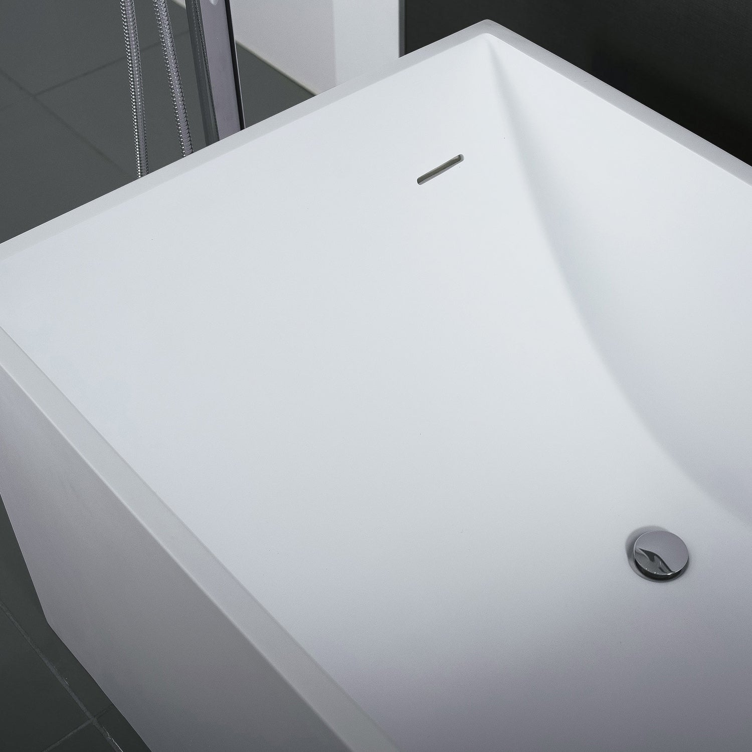 DAX Square Freestanding Solid Surface Bathtub with Central Drain and Overflow, Stainless Steel Frame, 66-1/18 x 21-5/8 x 29-5/8 Inches (BT-AB-B029)