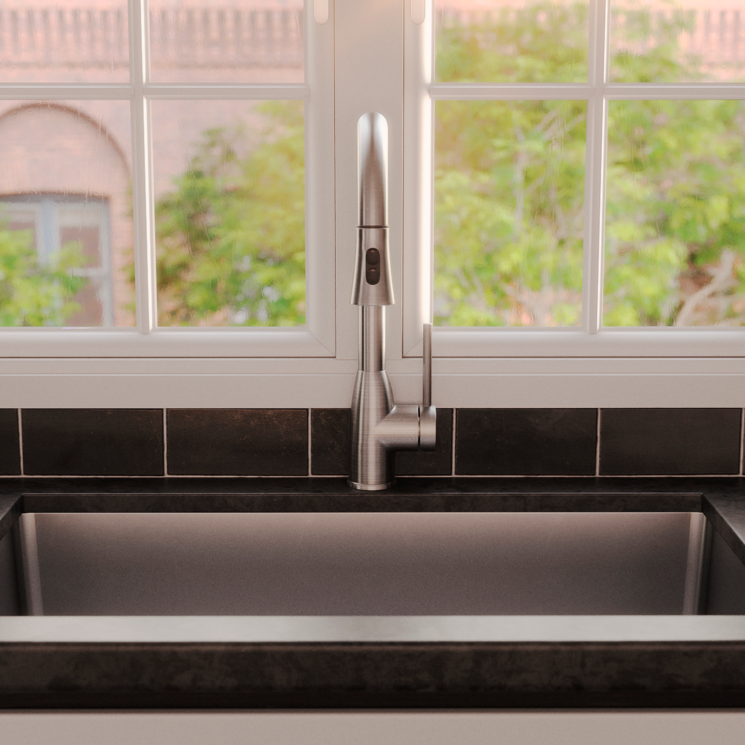 DAX Single Handle Pull Down Kitchen Faucet with Dual Sprayer, Brass Body, Brushed Nickel Finish, Size 11-7/16 x 17-1/2 Inches (DAX-8887)