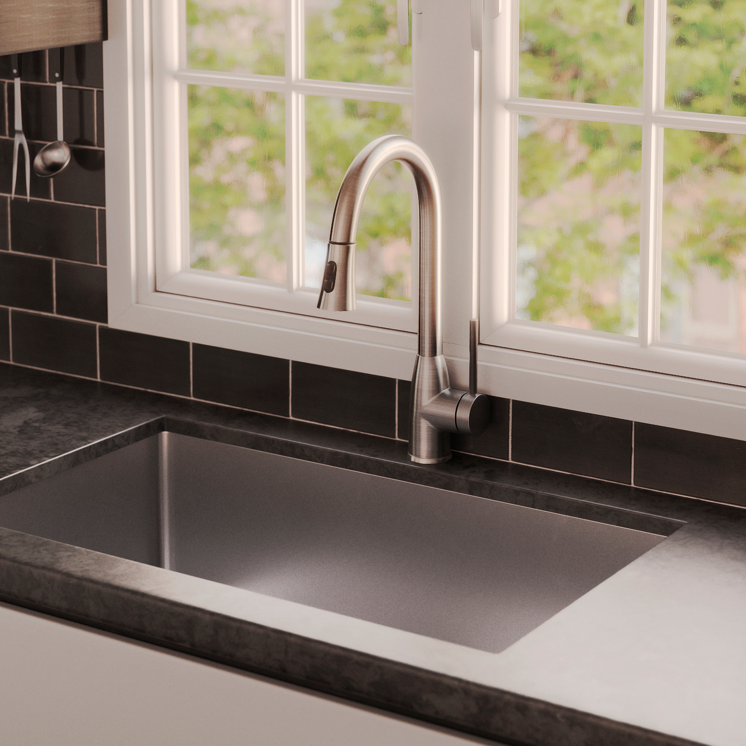 DAX Single Handle Pull Down Kitchen Faucet with Dual Sprayer, Brass Body, Brushed Nickel Finish, Size 11-7/16 x 17-1/2 Inches (DAX-8887)