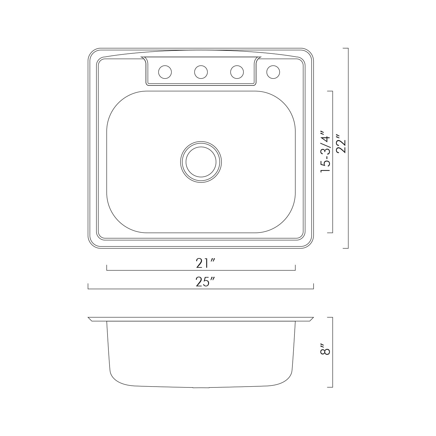 DAX Single Bowl Top Mount Kitchen Sink, 20 Gauge Stainless Steel, Brushed Finish , 25 x 22 x 8 Inches (DAX-OM-2522)