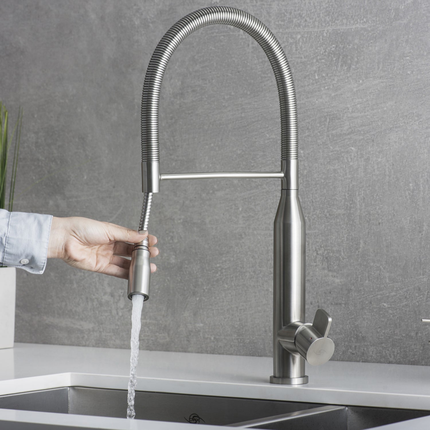 DAX Single Handle Pull Down Kitchen Faucet, Stainless Steel Shower Head and Body, Brushed Finish, Size 9-1/16 x 19-5/16 Inches (DAX-S1095A)