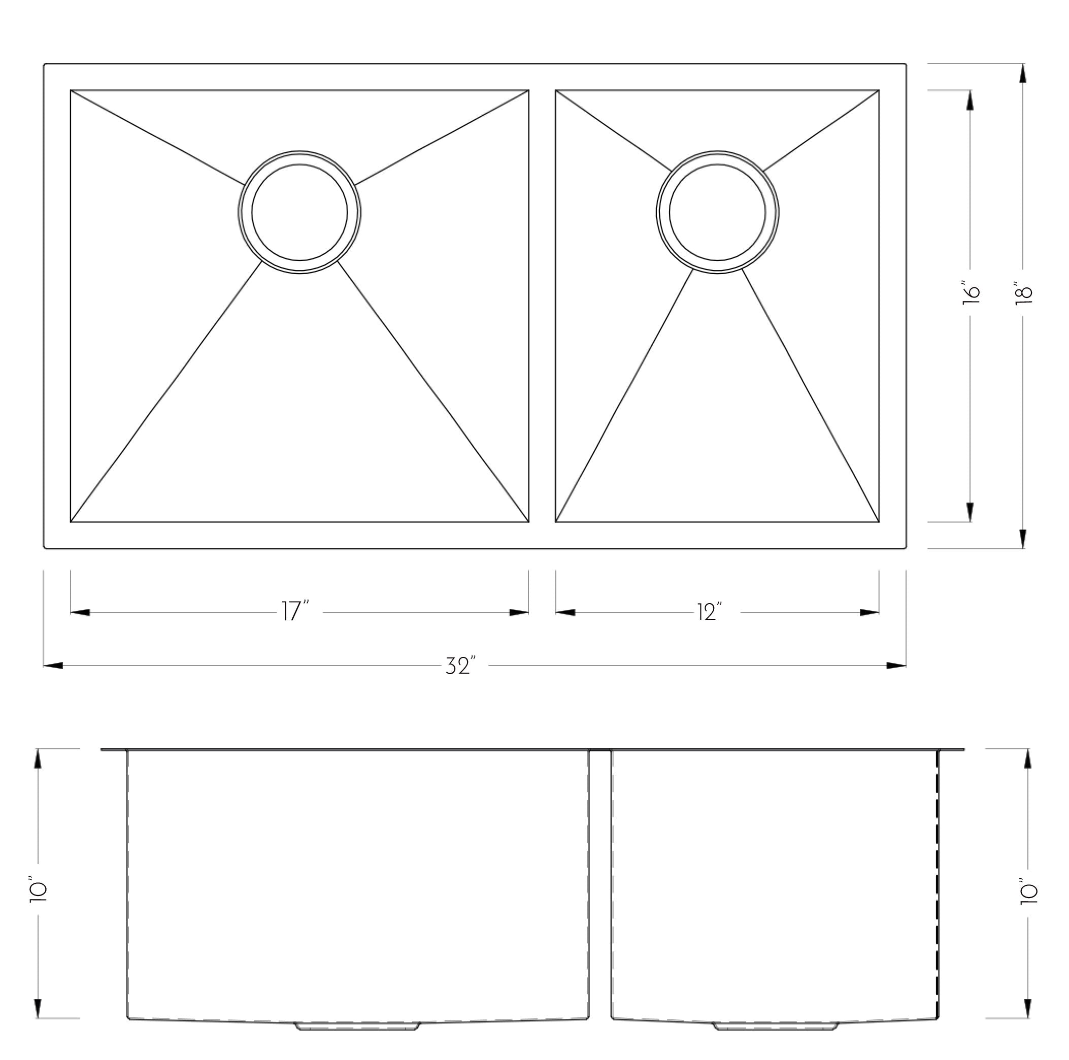 DAX Double Bowl Undermount Kitchen Sink, 16 Gauge Stainless Steel, Brushed Finish , 32 x 18 x 10 Inches (DAX-SQ-3218)
