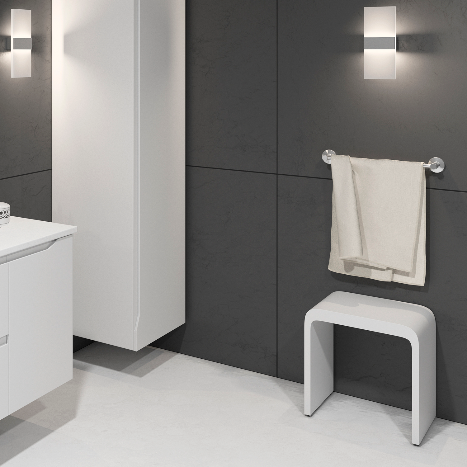 A modern white solid surface bathroom stool with a matte finish and sleek design, featuring a slip-resistant surface and handles for mobility. Order now at www.daxib.com