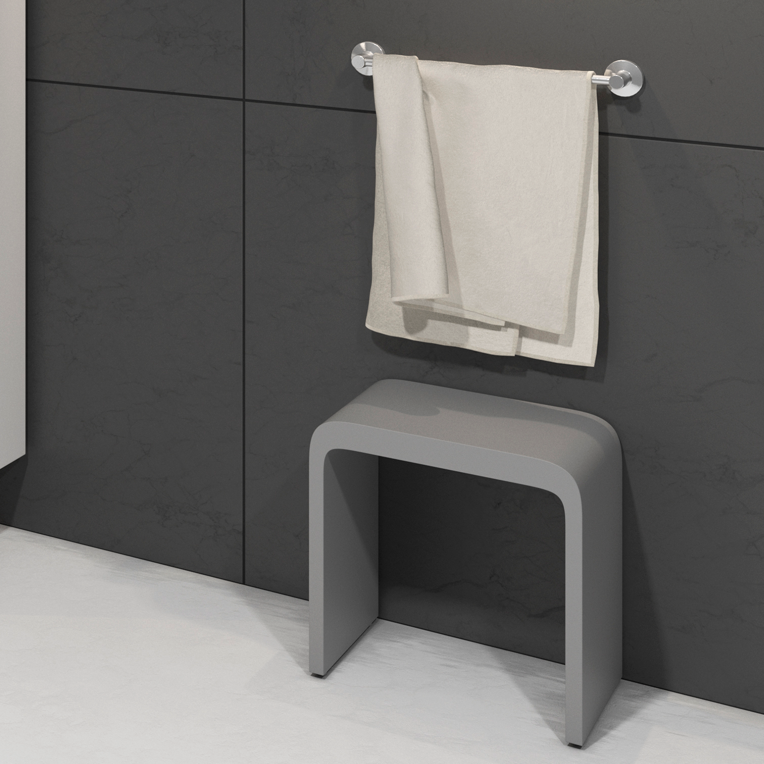 A modern white solid surface bathroom stool with a matte finish and sleek design, featuring a slip-resistant surface and handles for mobility. Order now at www.daxib.com