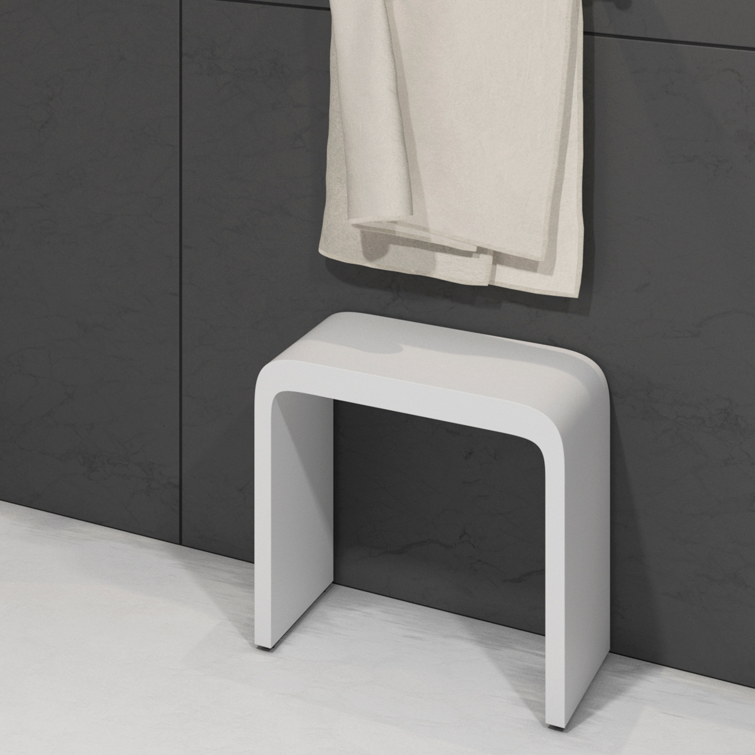 A modern white solid surface bathroom stool with a matte finish and sleek design, featuring a slip-resistant surface and handles for mobility. Order now at www.daxib.com