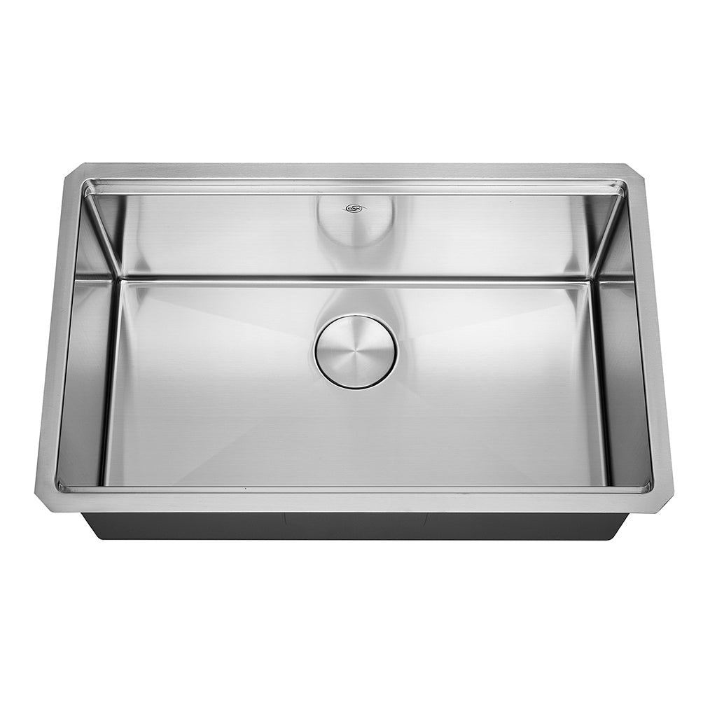 A single bowl stainless steel kitchen sink with an undermount installation and a brushed finish.
