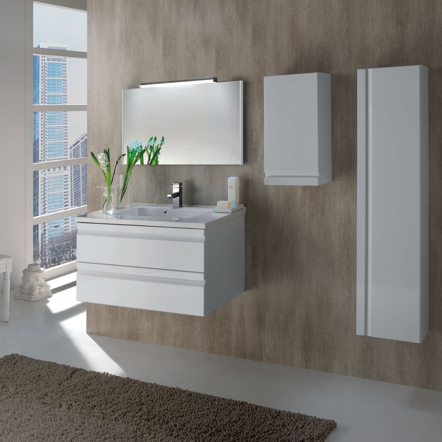 Tocador Sencillo de 40", Montaje a Pared, 2 Cajones con Cierre Suave, Blanco Brillo, Serie Solco de VALENZUELA