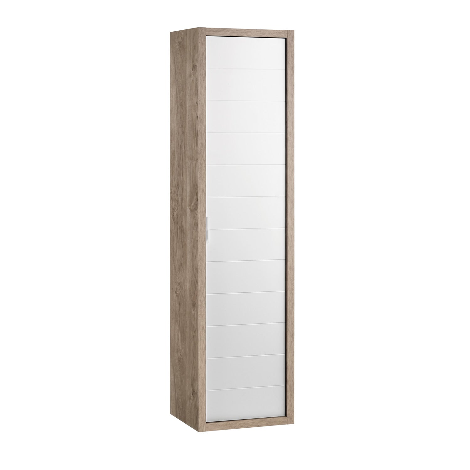 Gabinete Lateral 16" Alto, Montaje a Pared, 1 Puerta con Manija Cierre Suave y Apertura Reversible, Roble - Blanco, Serie Tino de VALENZUELA