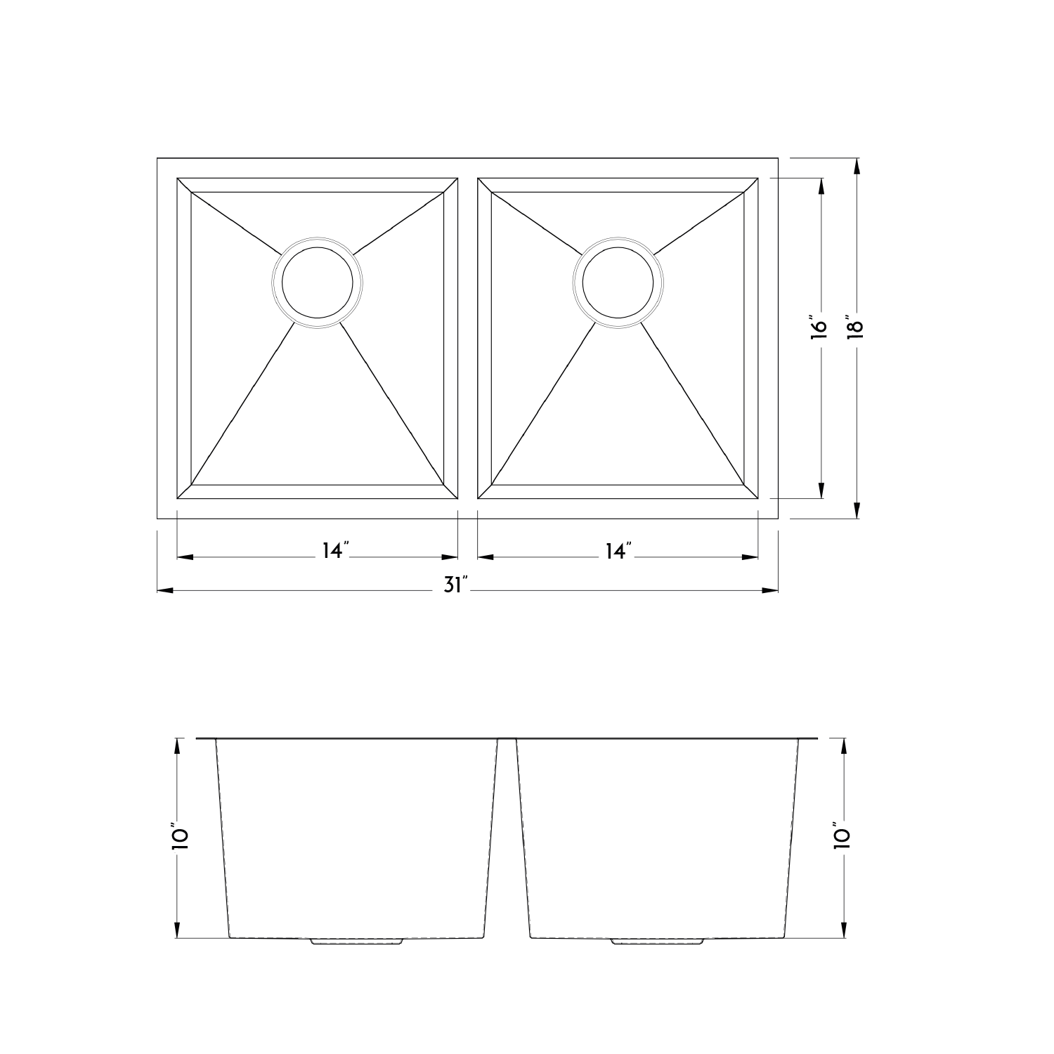 Fregadero de cocina bajo cubierta DAX hecho a mano 50/50 de doble cubeta. calibre 18 31" x 18" (DAX-SQ-3118A-X)