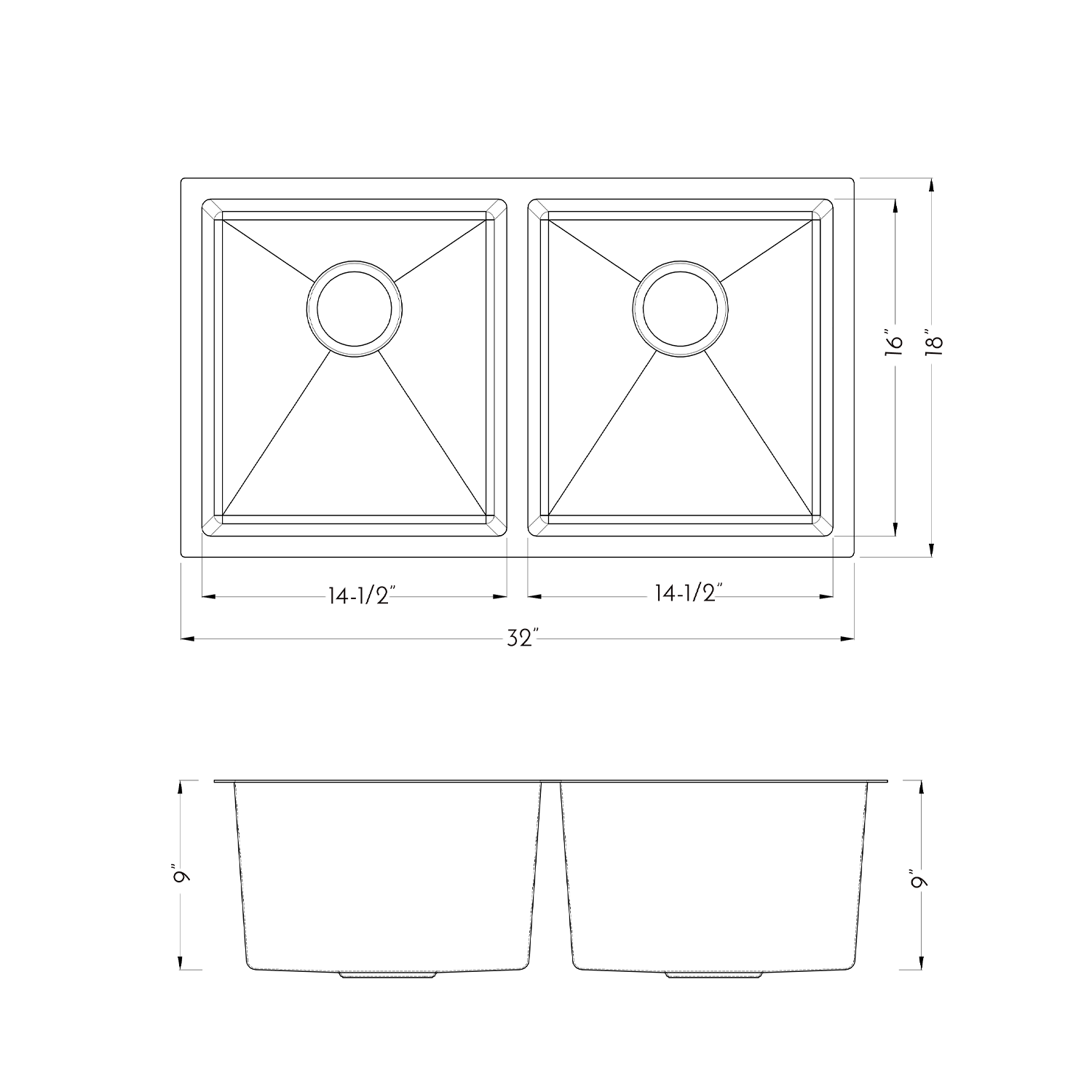 Fregadero de cocina bajo encimera de dos senos DAX. R10. 32" x 18" (DAX-T3218-R10)