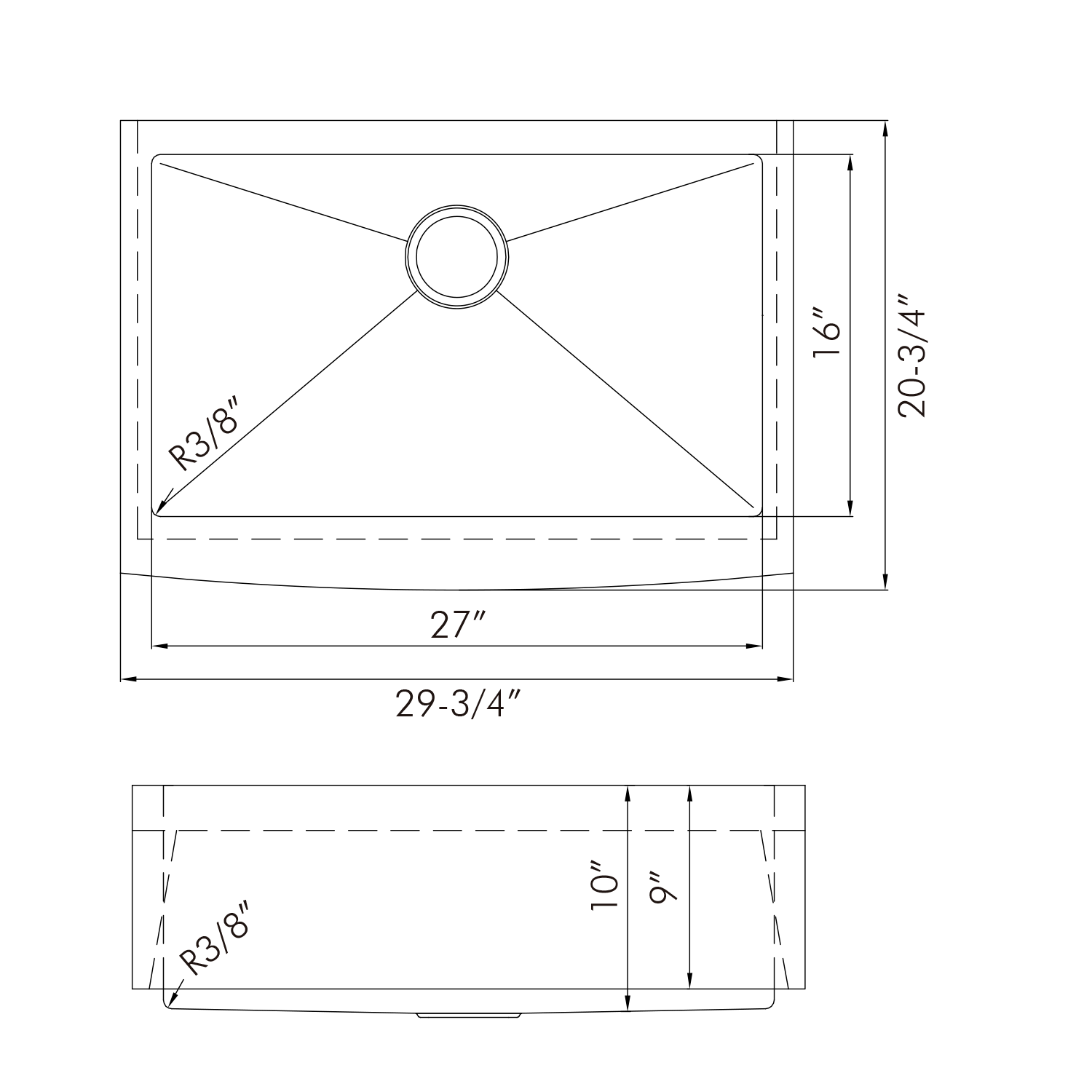 DAX Farmhouse fregadero de cocina de un solo cuenco, acero inoxidable de calibre 18, acabado cepillado, 30 x 21 x 10 pulgadas (KA-3021R10)