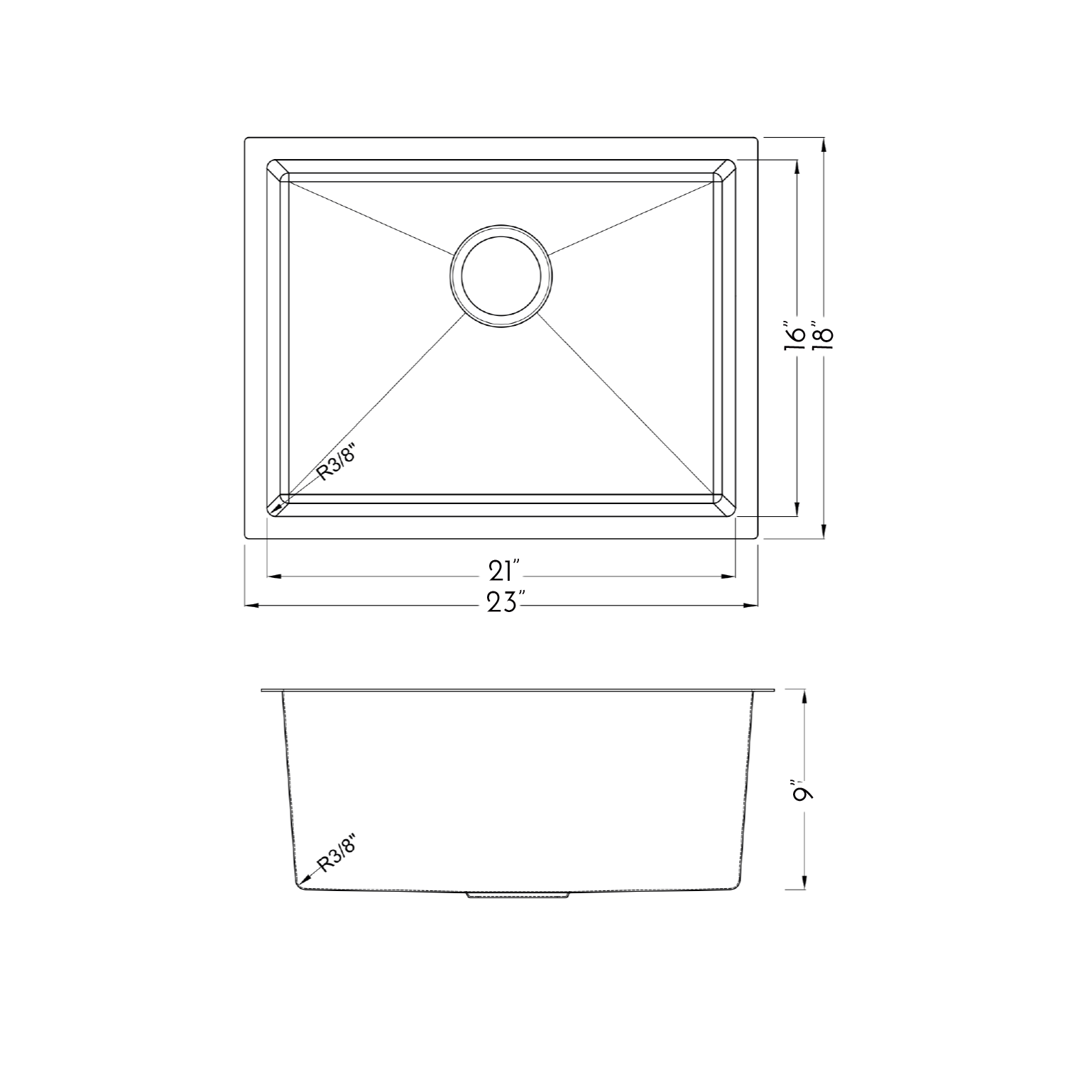 Fregadero bajo encimera DAX de una cubeta. R10. 23" x 18" (DAX-T2318-R10)