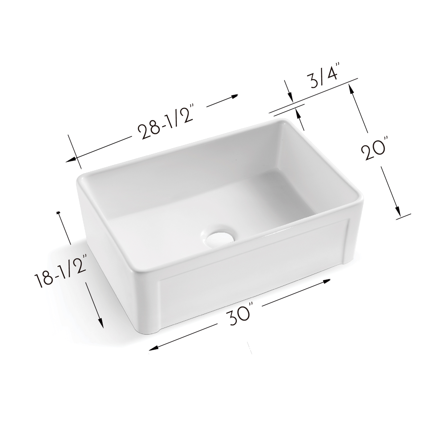 DAX Farmhouse Single Bowl Kitchen Sink, Fine Porcelain, White Finish, 30 x 20 x 10 Inches (DAX-C3020)
