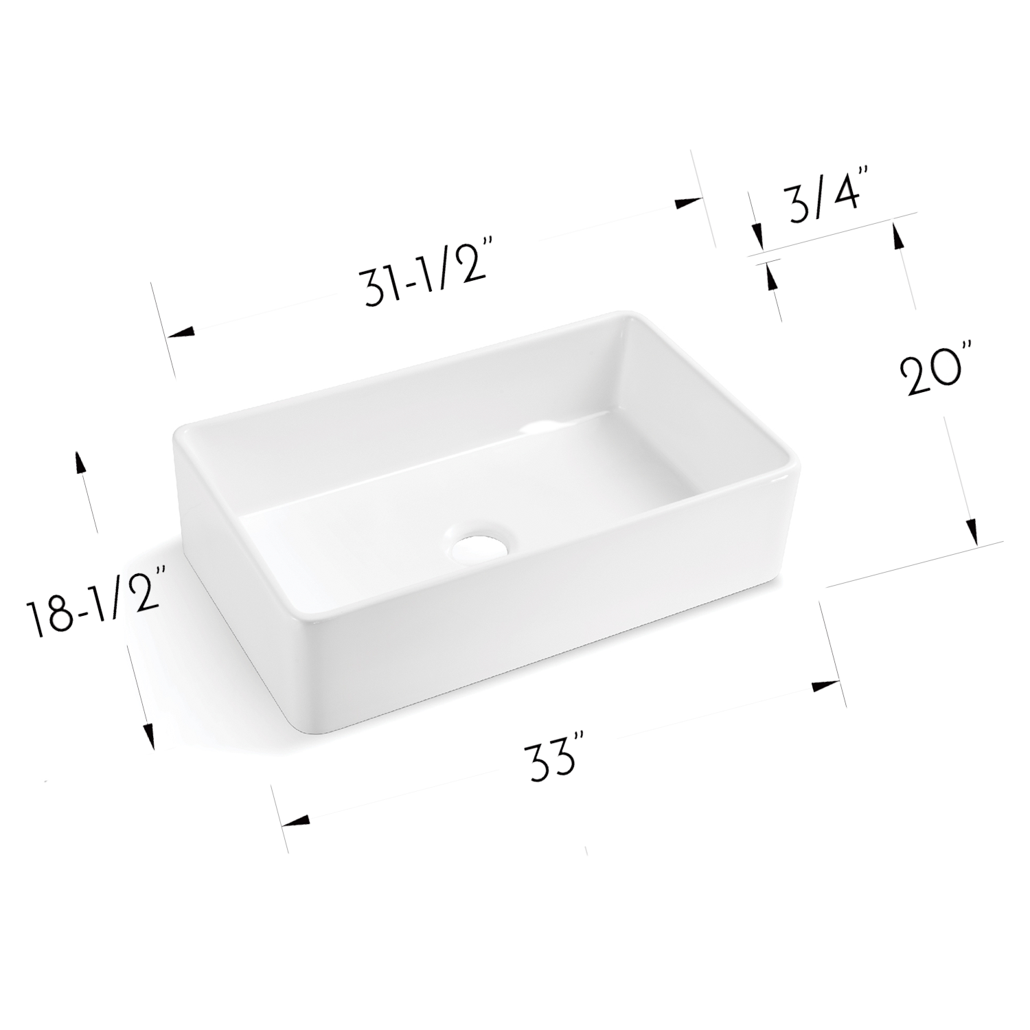 DAX Farmhouse Fregadero de cocina de un solo tazón, porcelana fina, acabado blanco, 33 x 20 x 8-5/8 pulgadas (DAX-C3320)