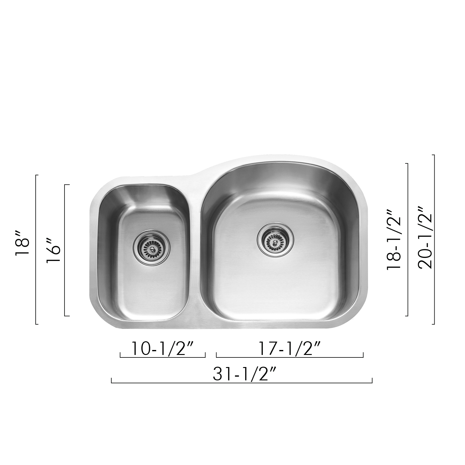 Fregadero de cocina DAX 30/70 de doble cuenco, acero inoxidable de calibre 18, acabado cepillado, 31-1/2 x 20-1/2 x 9 pulgadas (DAX-3121R)