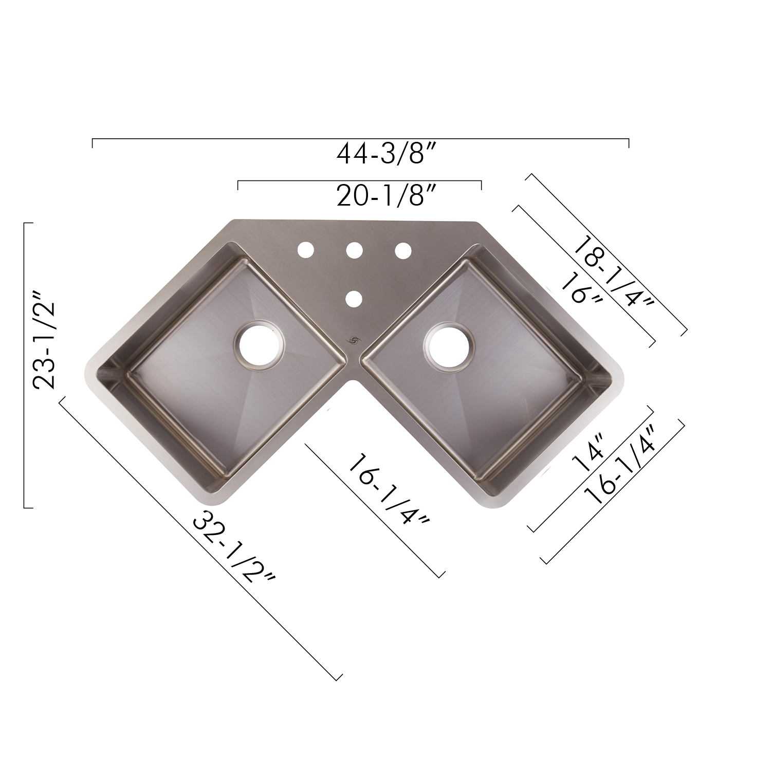DAX Handmade Corner Kitchen Sink, 16 Gauge, Brushed Stainless Steel Finish, 44-3/8 x 23-1/2 x 10 Inches (DAX-334)