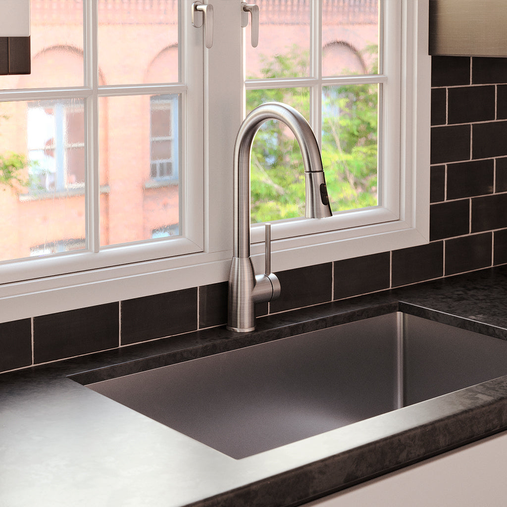 DAX Single Handle Pull Down Kitchen Faucet with Dual Sprayer, Brass Body, Brushed Nickel Finish, Size 11-7/16 x 17-1/2 Inches (DAX-8887)