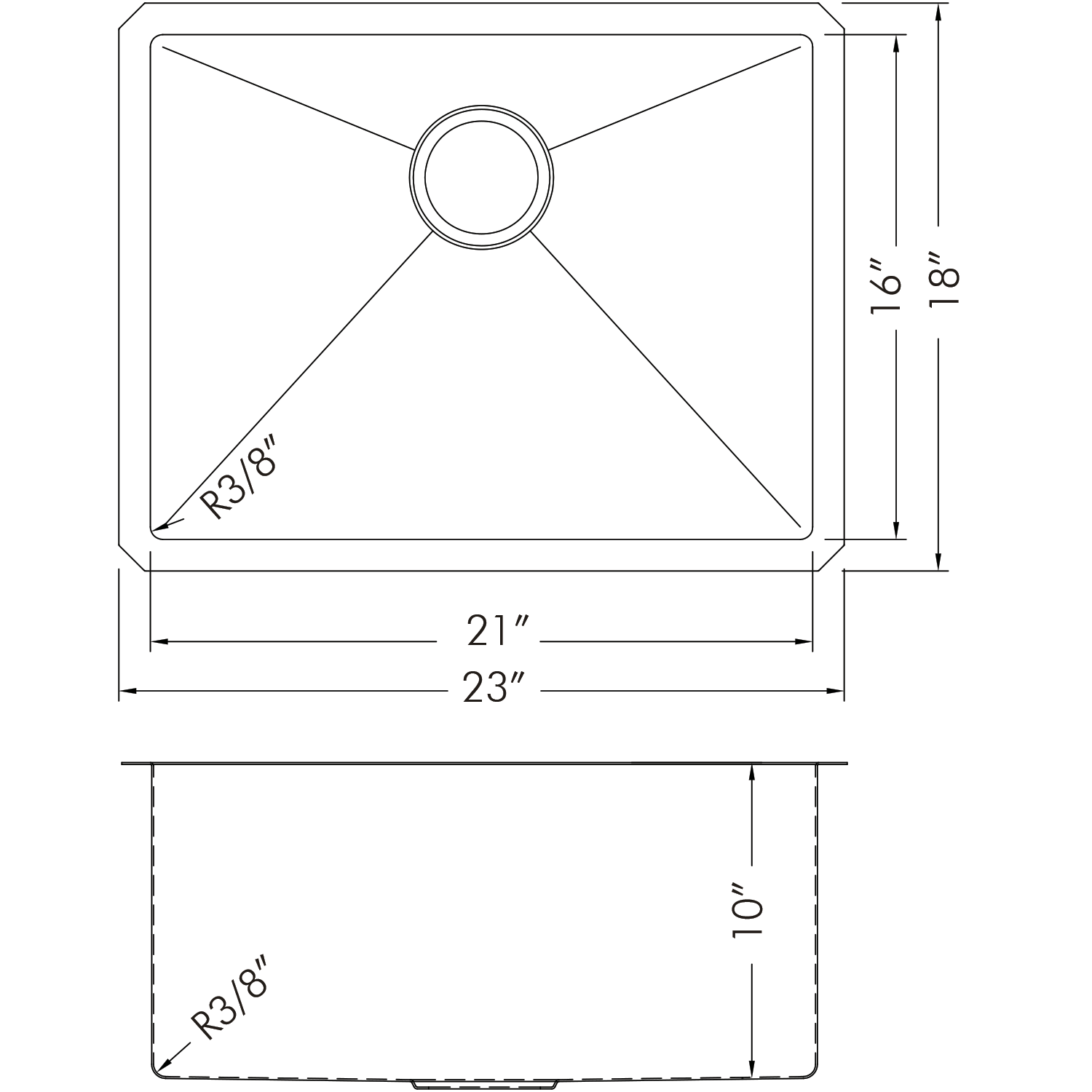 DAX Single Bowl Undermount Kitchen Sink 23" x 18" - R10 - 18G.  No Accessories Included (DX-T2318-R10-X).