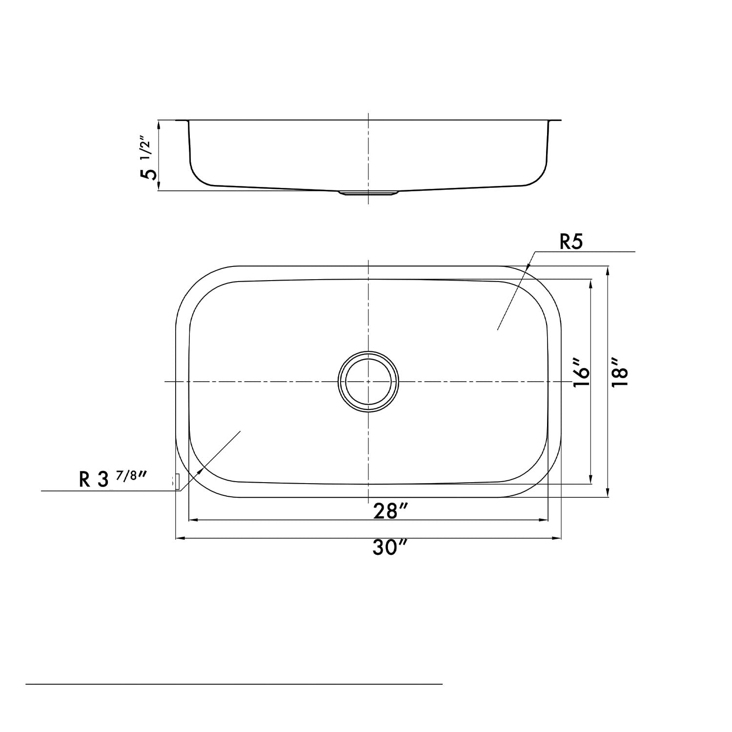 DAX Single Bowl Undermount Kitchen Sink 30" x 18" - 18G. - ADA (DX-3018A).