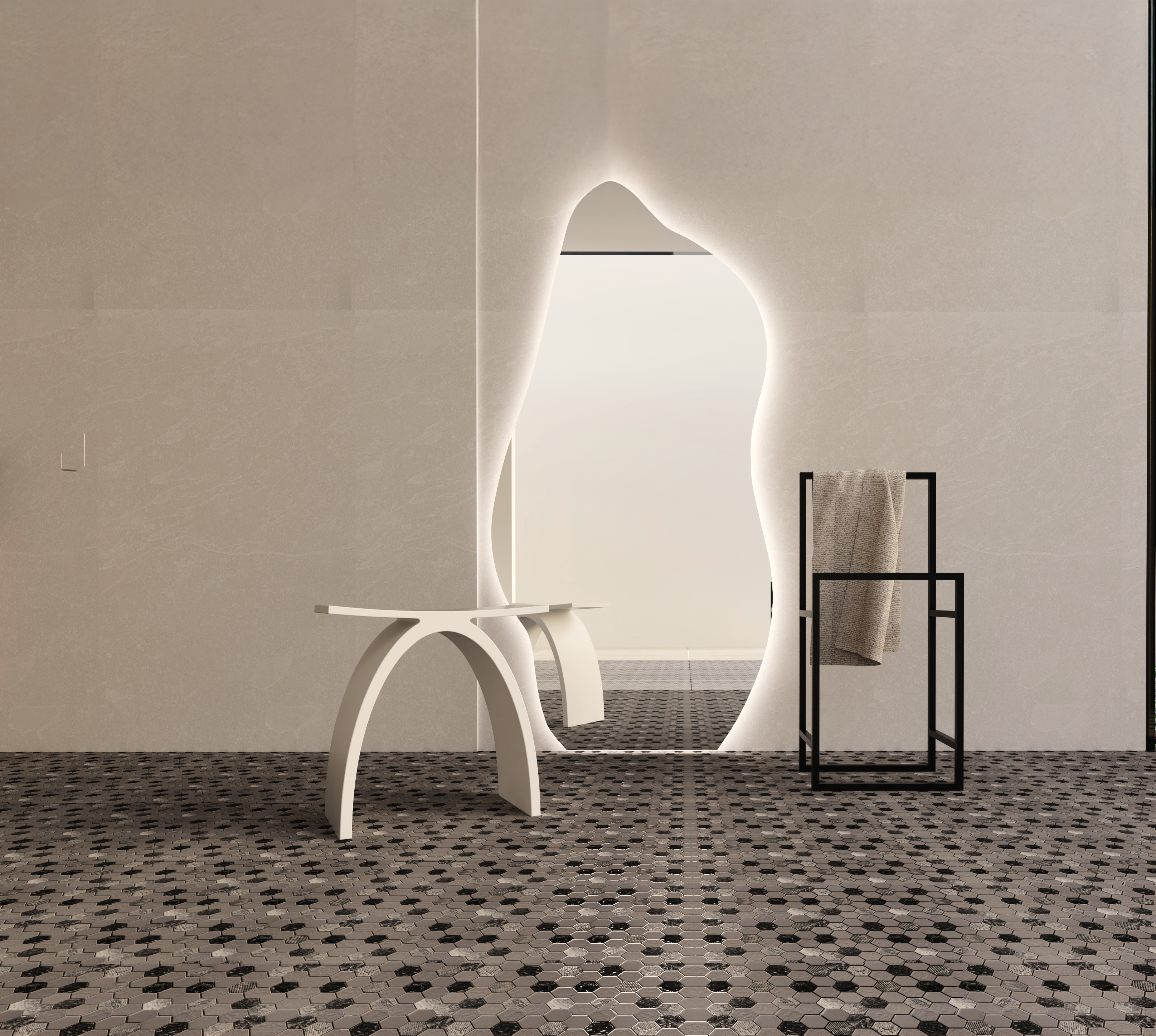 Modern interior with a white chair, illuminated mirror, and towel rack against a neutral wall.