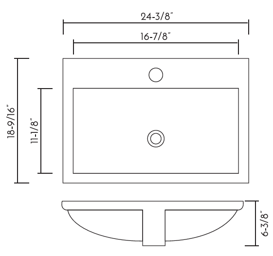 DAX Square Ceramic Single Bowl Top Mount Bathroom Sink, 24-3/8 x 18-9/16 x 6-3/8 Inches (BSN-660-E)