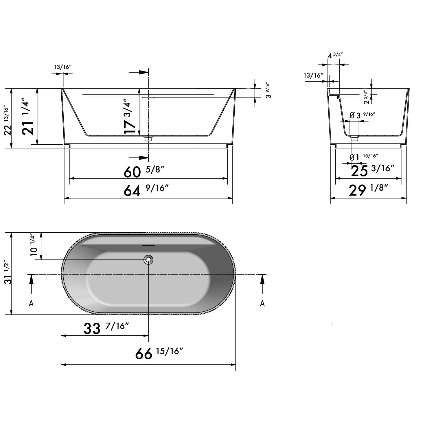 DAX OLYMPIA Freestanding Bathtub Matte Finish 67" x 32"
