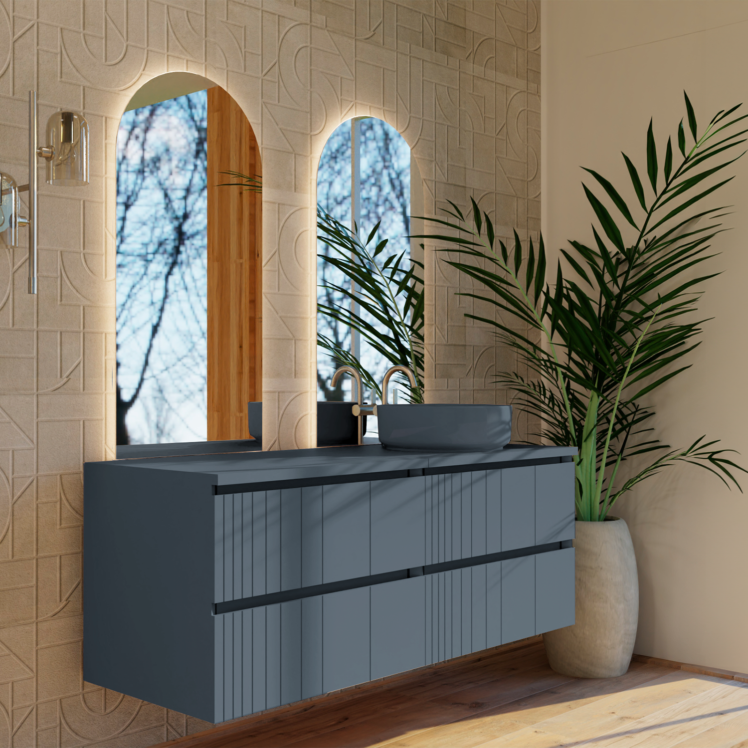 Modern bathroom with a gray vanity, large mirrors, and a potted plant.