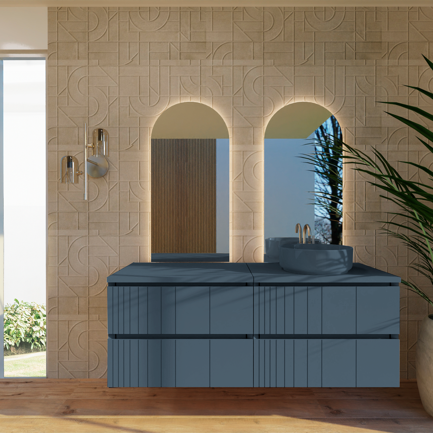 Bathroom vanity with blue countertop and mirrors against a textured beige wall.