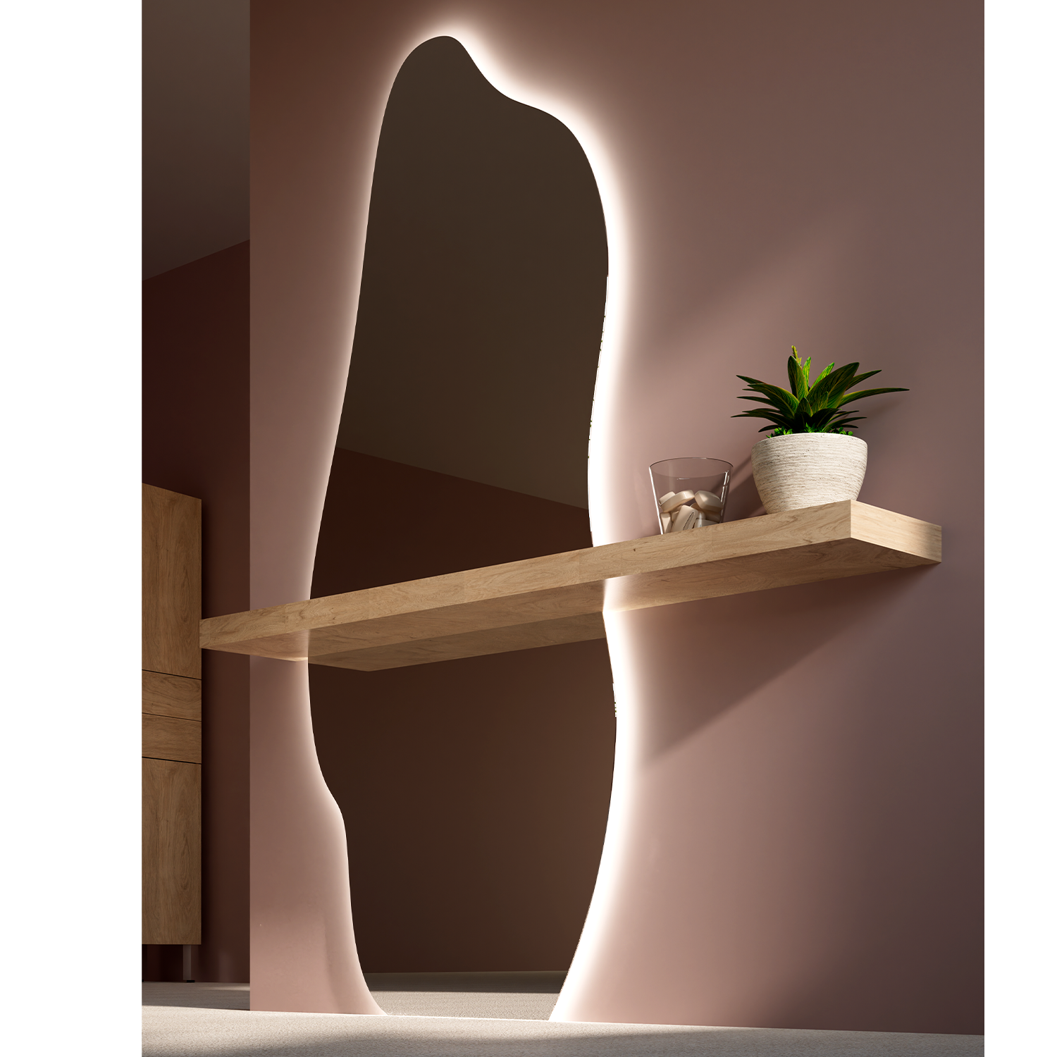 shaped mirror with ambient light
