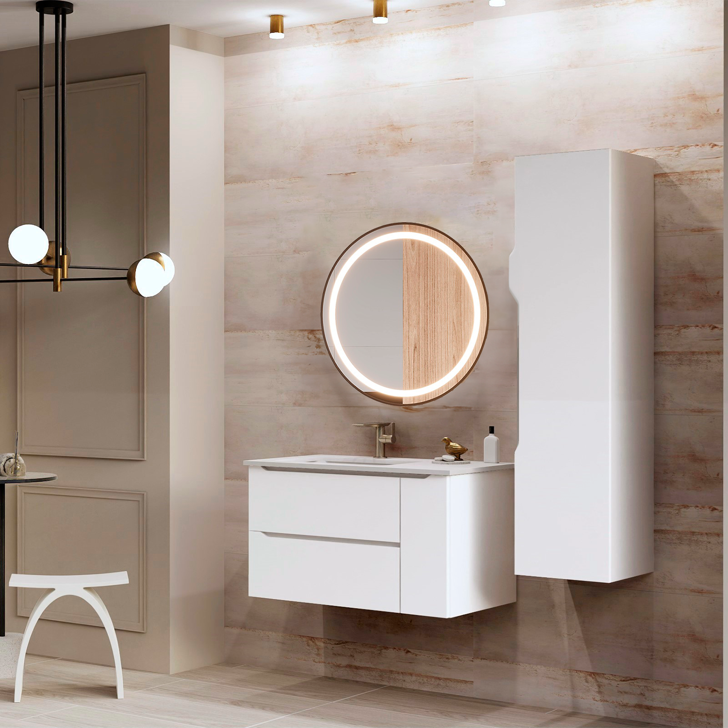 Modern bathroom with a white vanity, round mirror with lights, and beige walls.