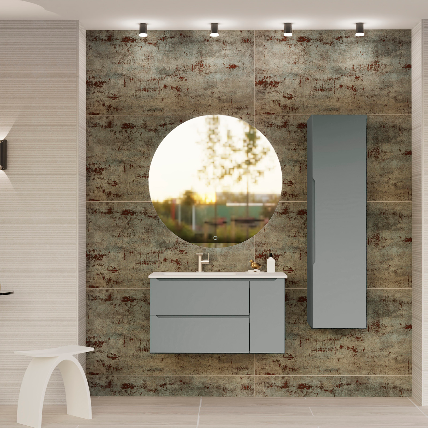 Modern bathroom with gray vanity, round mirror, and textured wall.