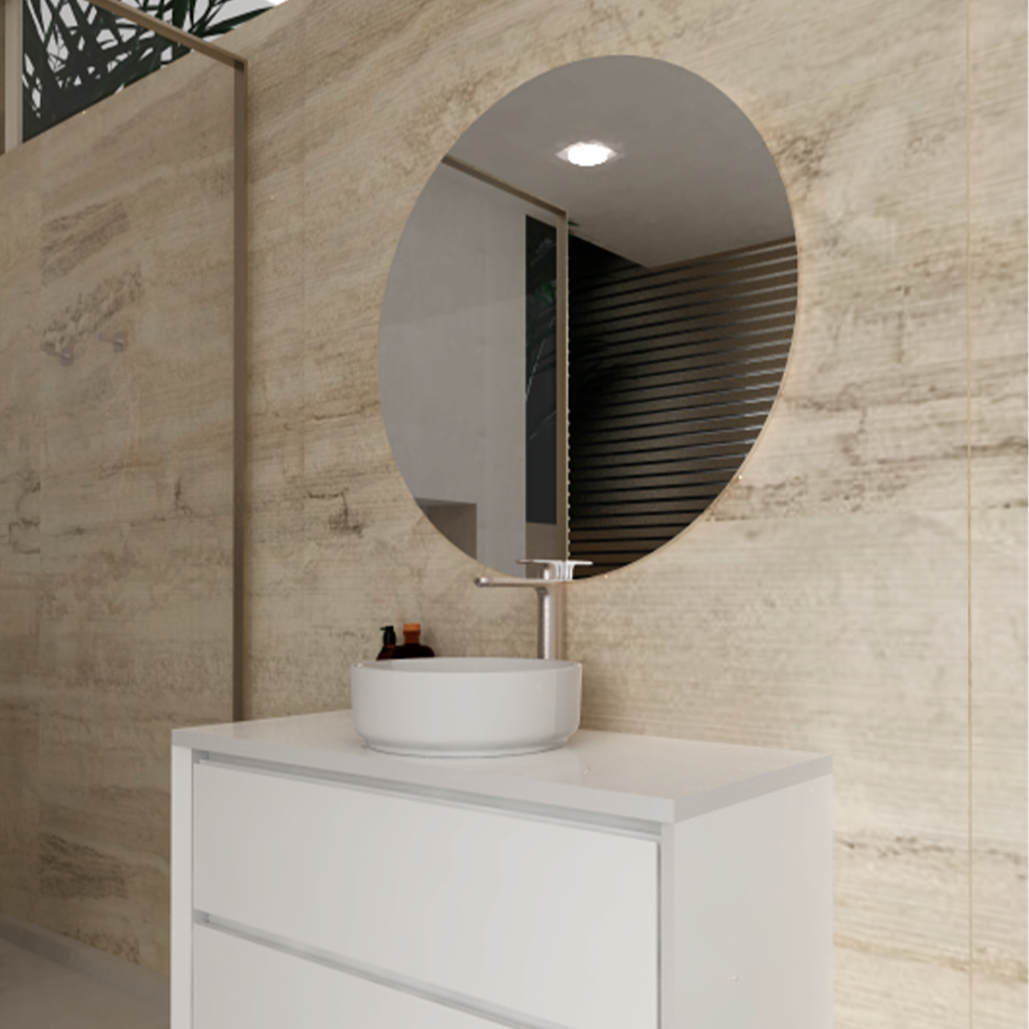 Bathroom vanity with round mirror and sink against a textured wall.