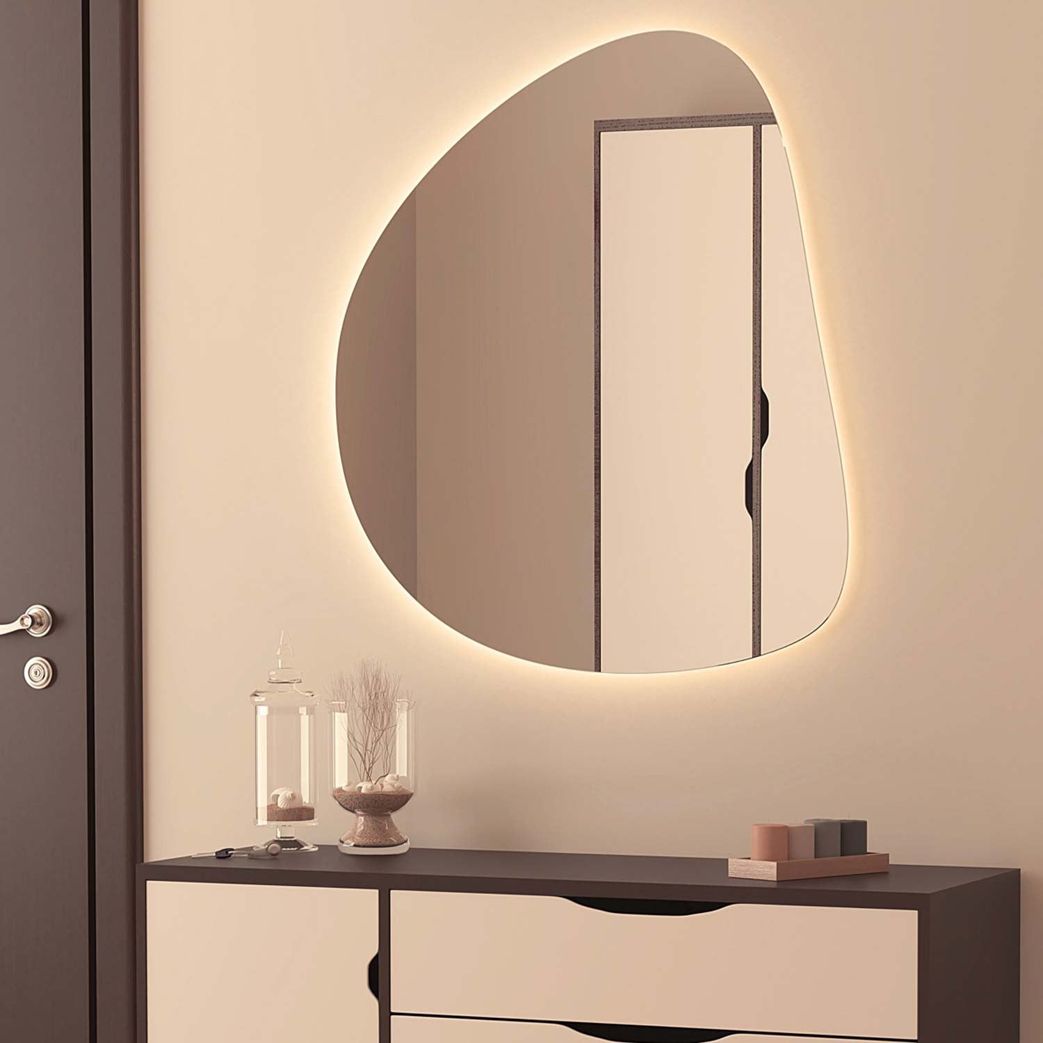 Shaped mirror with ambient light 