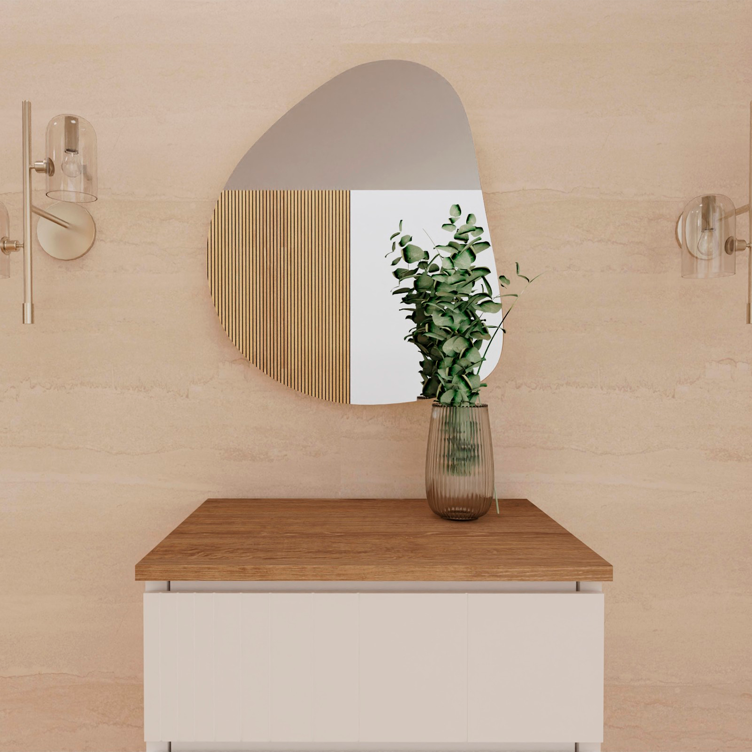 Nighstand with wooden top and white base against a beige wall with a round mirror and plant.