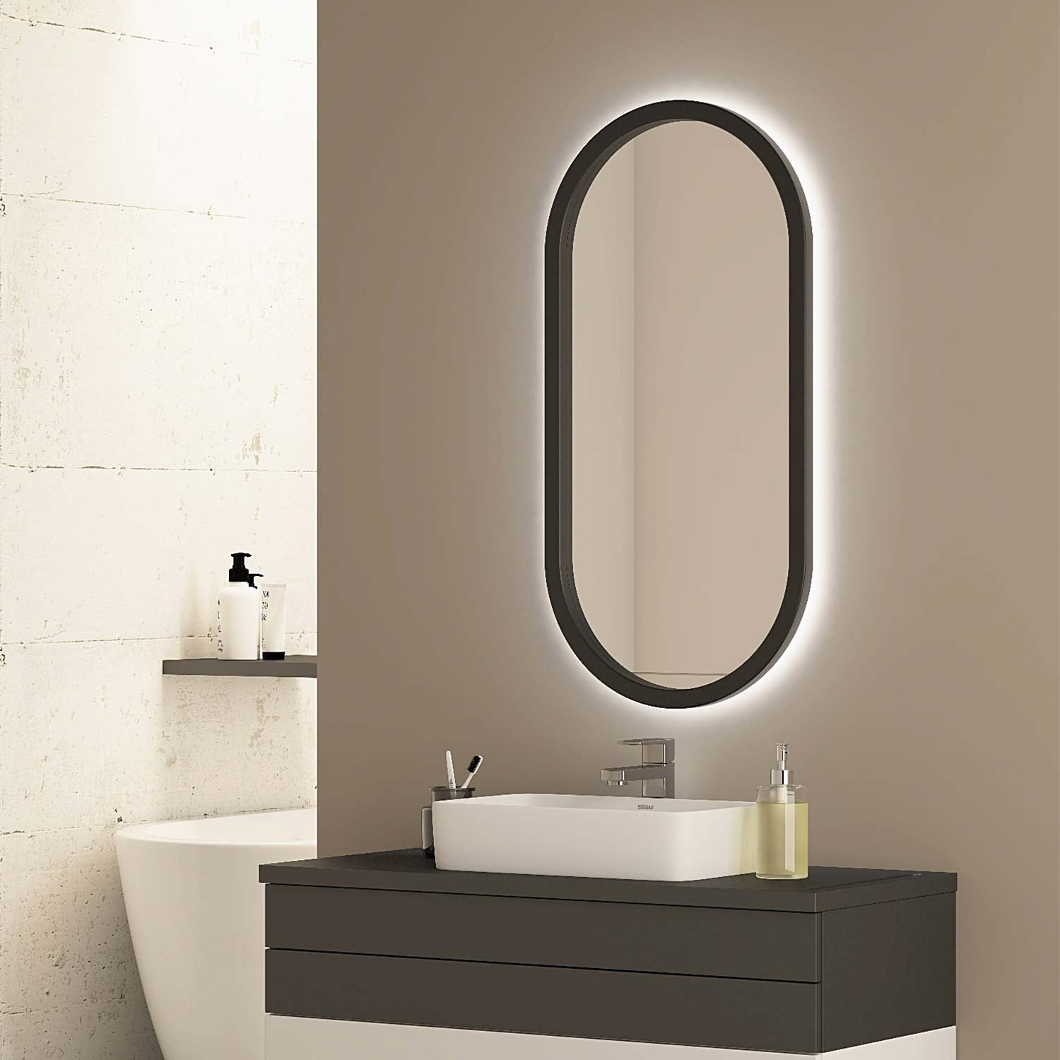 Bathroom setup with a sink, mirror, and toiletries against a neutral wall.