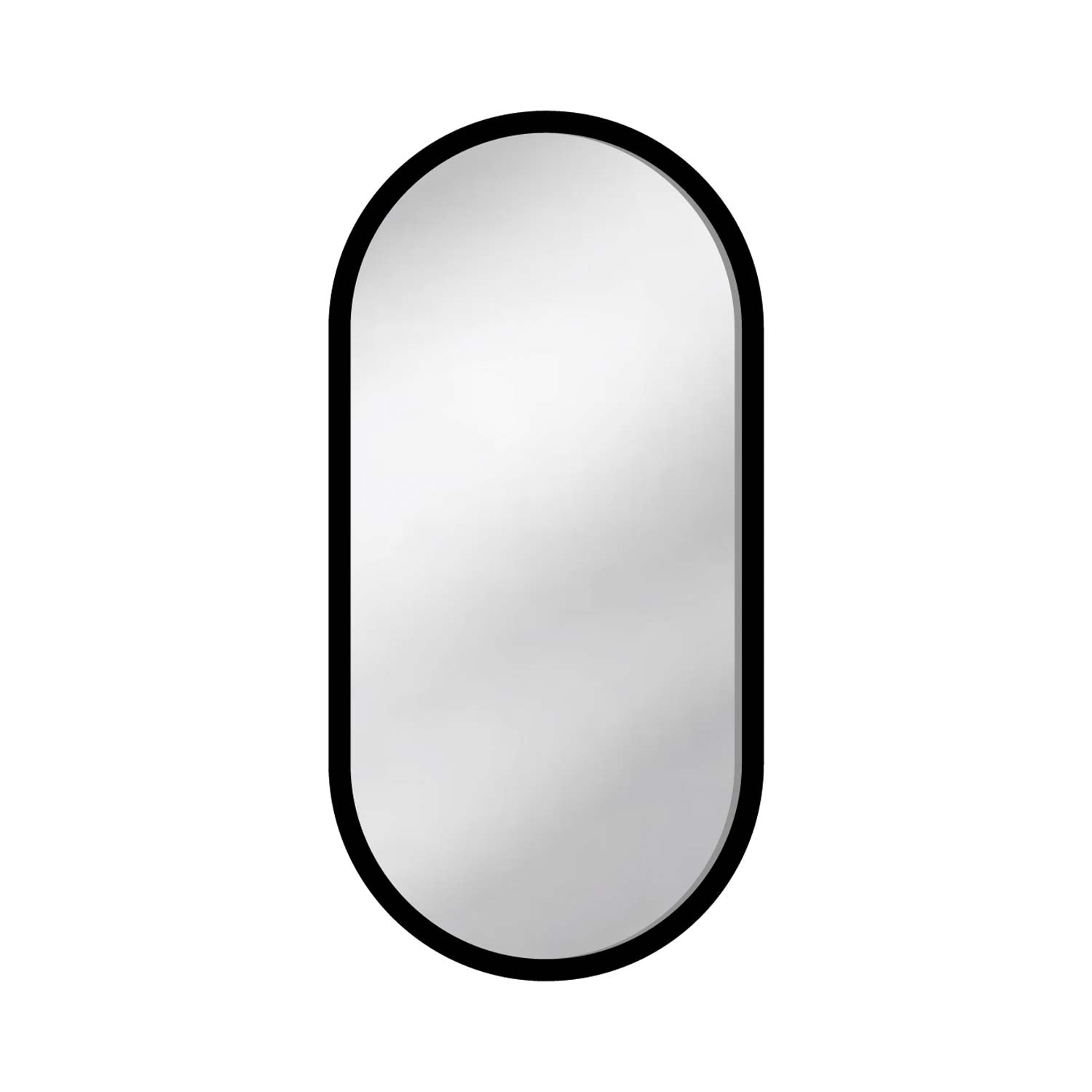 Black-framed oval mirror on a white background