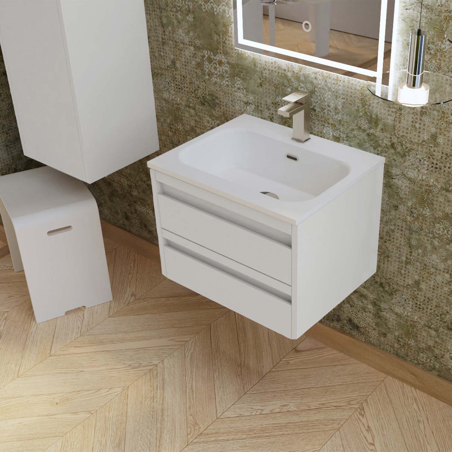 Bathroom setting with a white vanity unit, sink, and mirror.