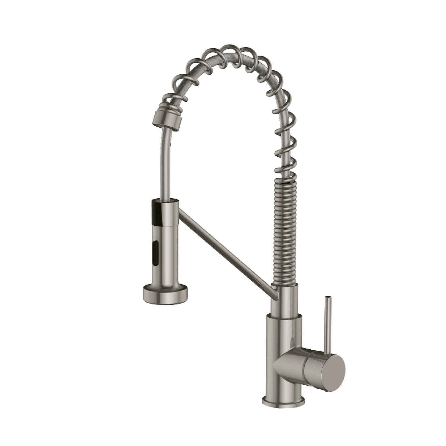 Stainless steel kitchen faucet with pull-down spray head on a white background