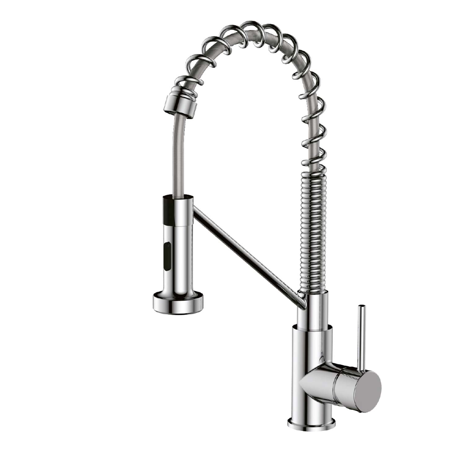 Chrome kitchen faucet with a spring design on a white background