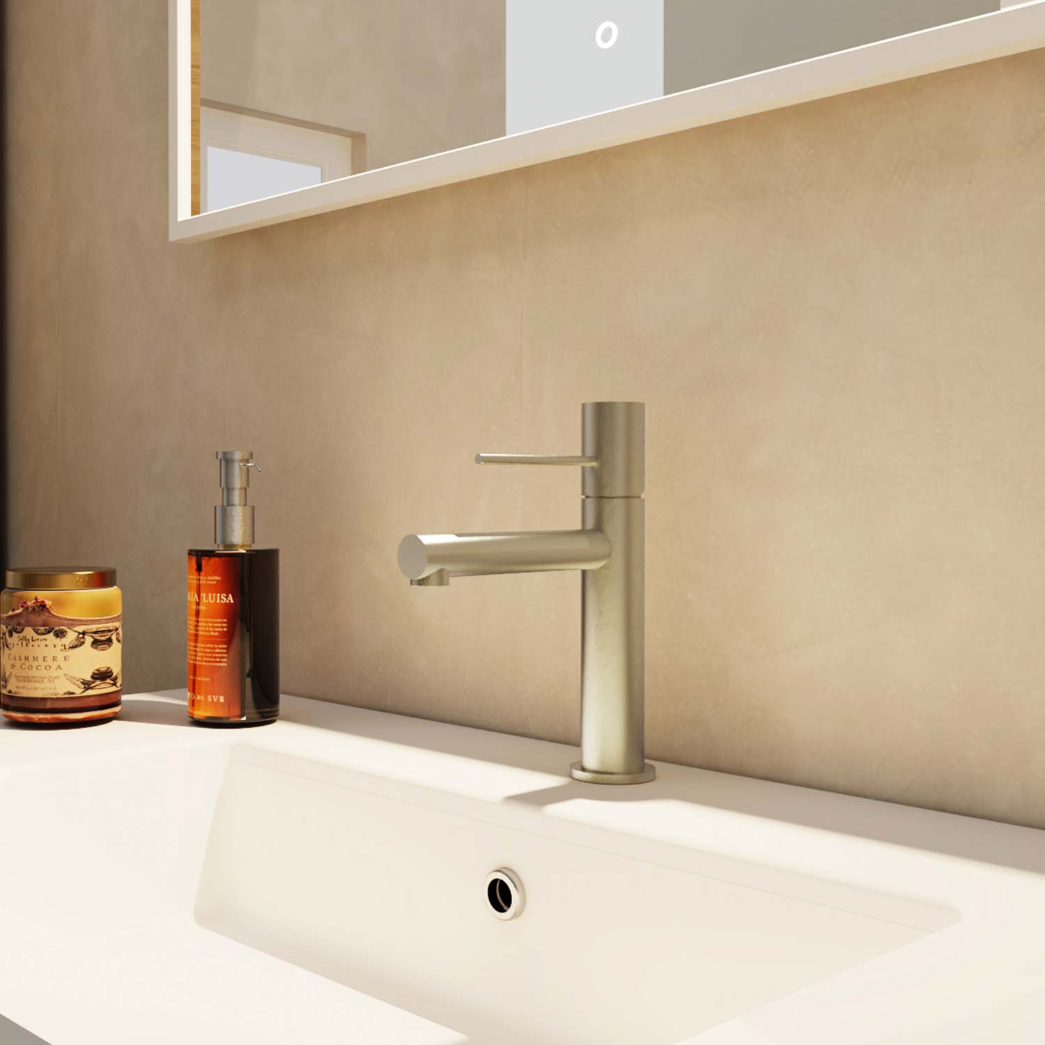 Bathroom sink with modern faucet and toiletries on a light-colored countertop.