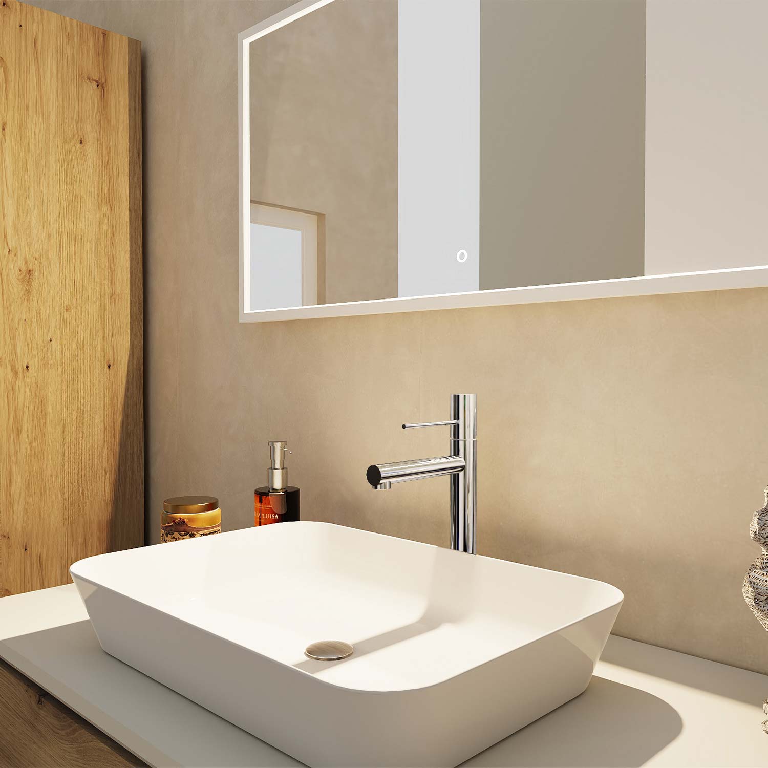 A modern bathroom scene featuring a white rectangular vessel sink with a chrome faucet, set against a beige textured wall beneath a large illuminated mirror.